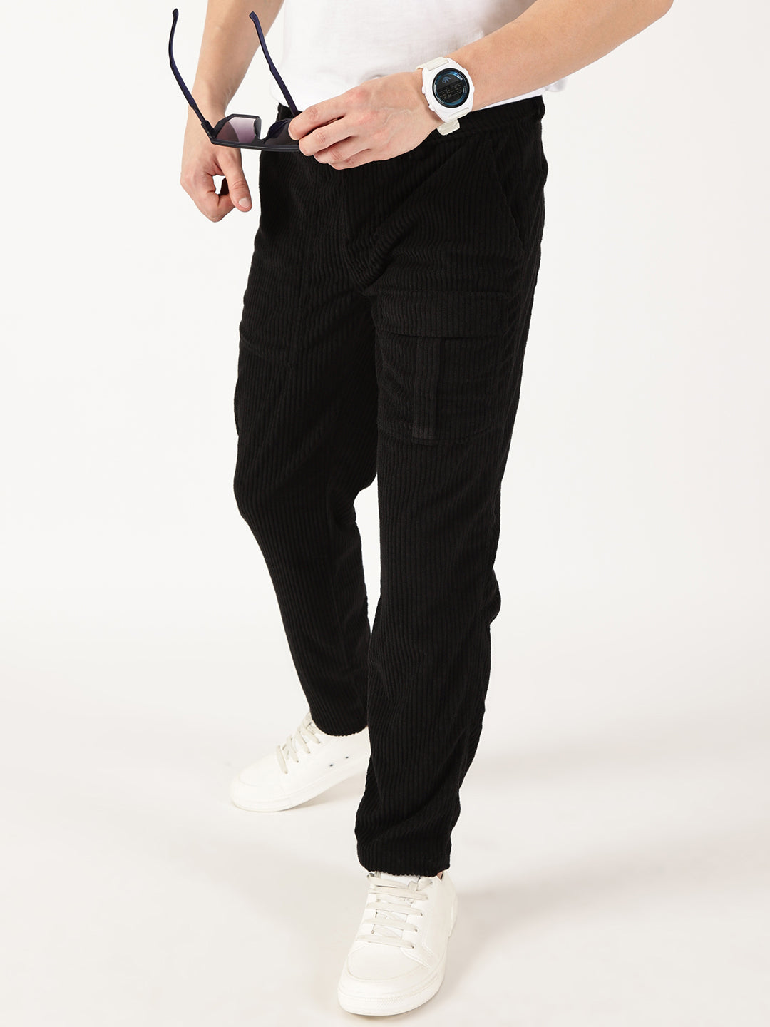 Thomas Scott Men Black Smart Straight Fit Corduroy Cargo Trouser