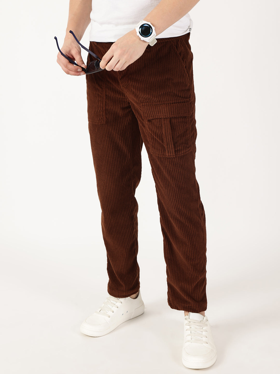 Thomas Scott Men Brown Smart Straight Fit Corduroy Cargo Trouser