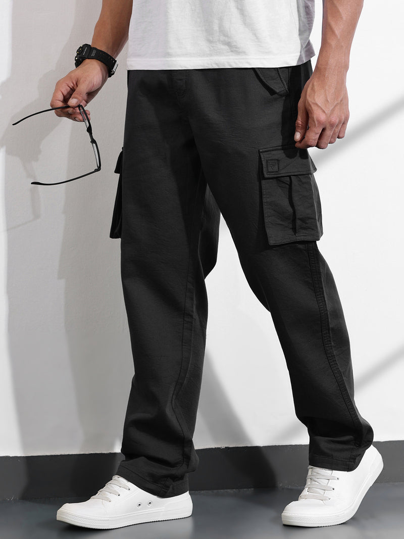 Thomas Scott Men DarkGrey Relaxed Fit Solid Cargo Trousers