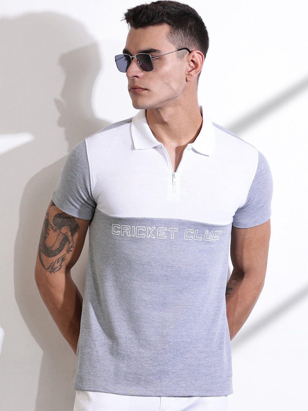 Grey Melange Colourblocked Polo Collar Cotton T-shirt