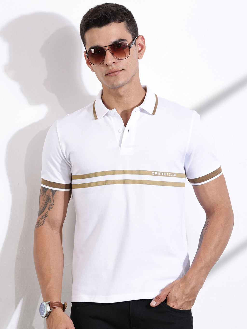 Thomas Scott Men White Striped Polo Collar Cotton T-shirt