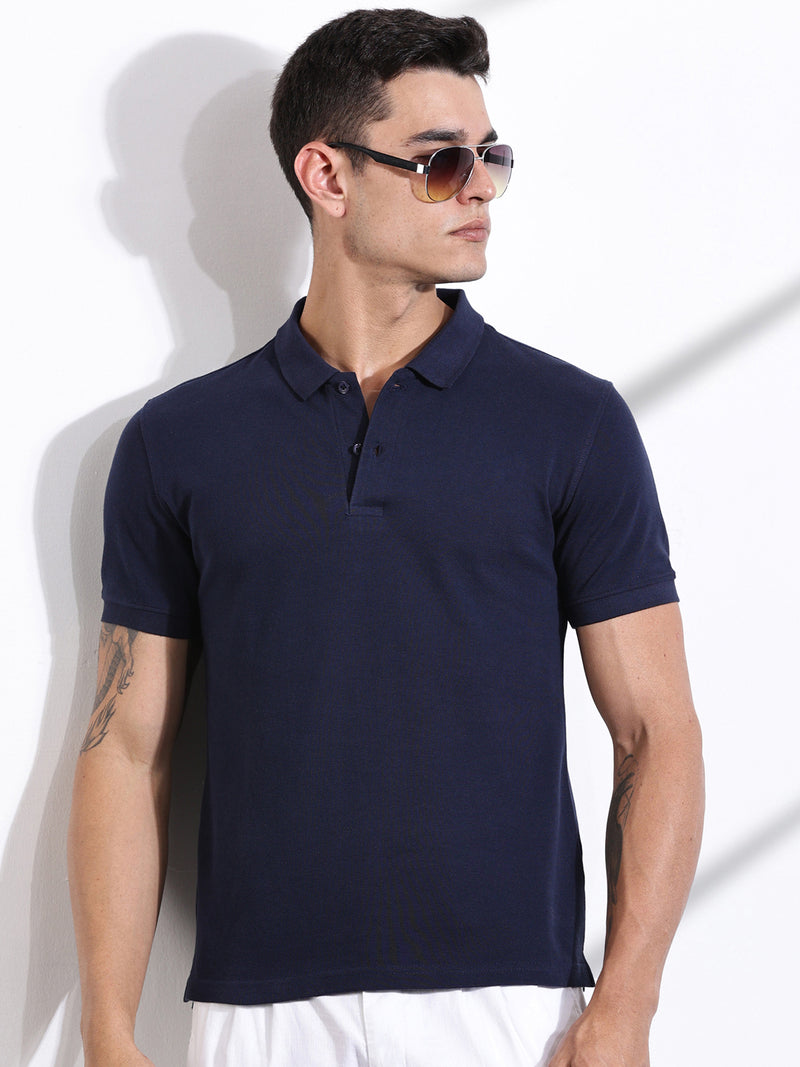 Thomas Scott Men Royal Blue Solid Polo Collar Cotton T-shirt