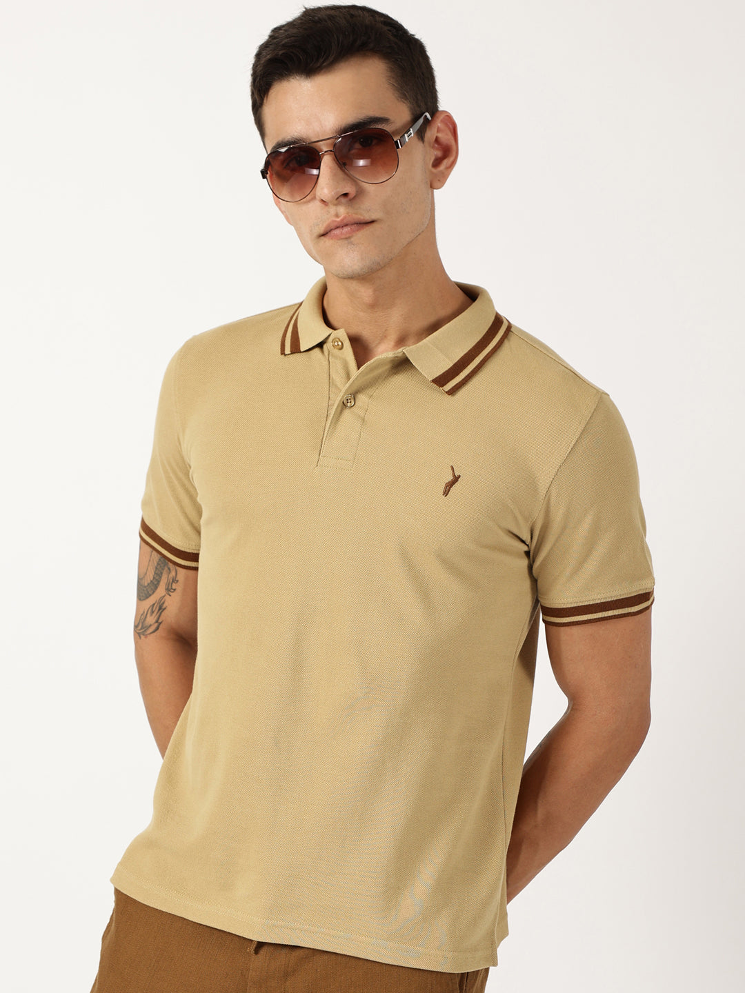 Thomas Scott Men Beige Solid Polo Collar Cotton T-shirt
