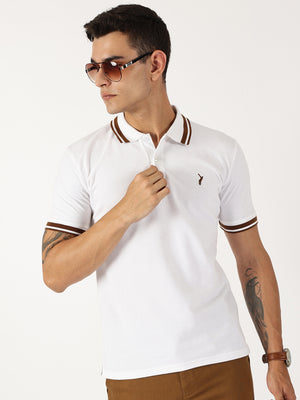 Thomas Scott Men White Solid Polo Collar Cotton T-shirt