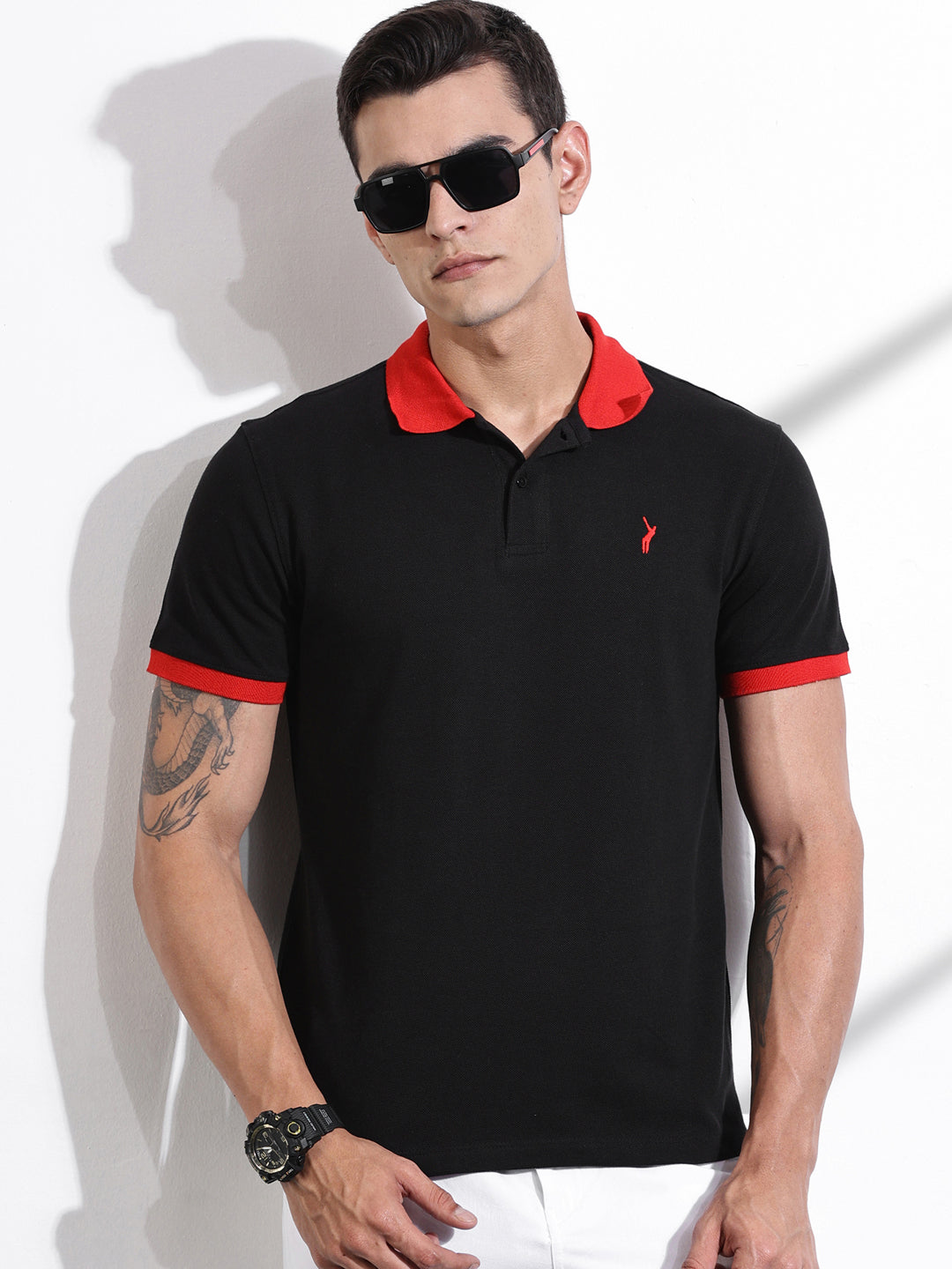 Thomas Scott Men Black Polo Collar Applique T-shirt