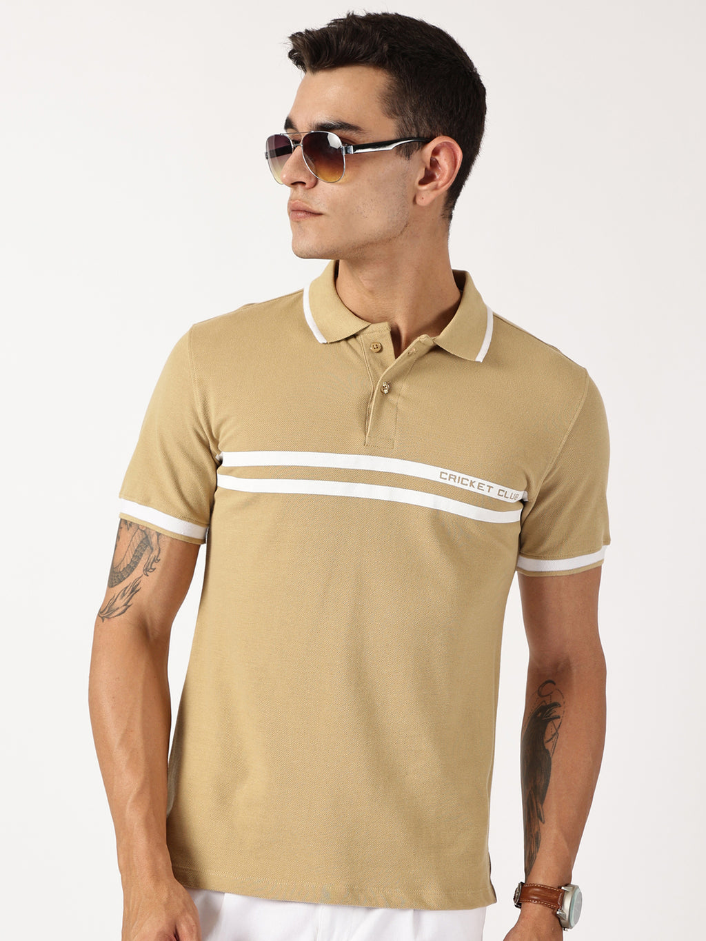 Thomas Scott Men Beige Solid Polo Collar Cotton T-shirt