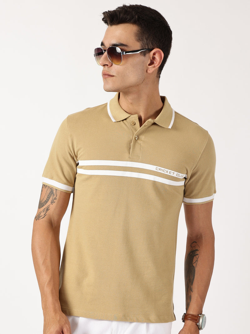 Thomas Scott Men Beige Solid Polo Collar Cotton T-shirt