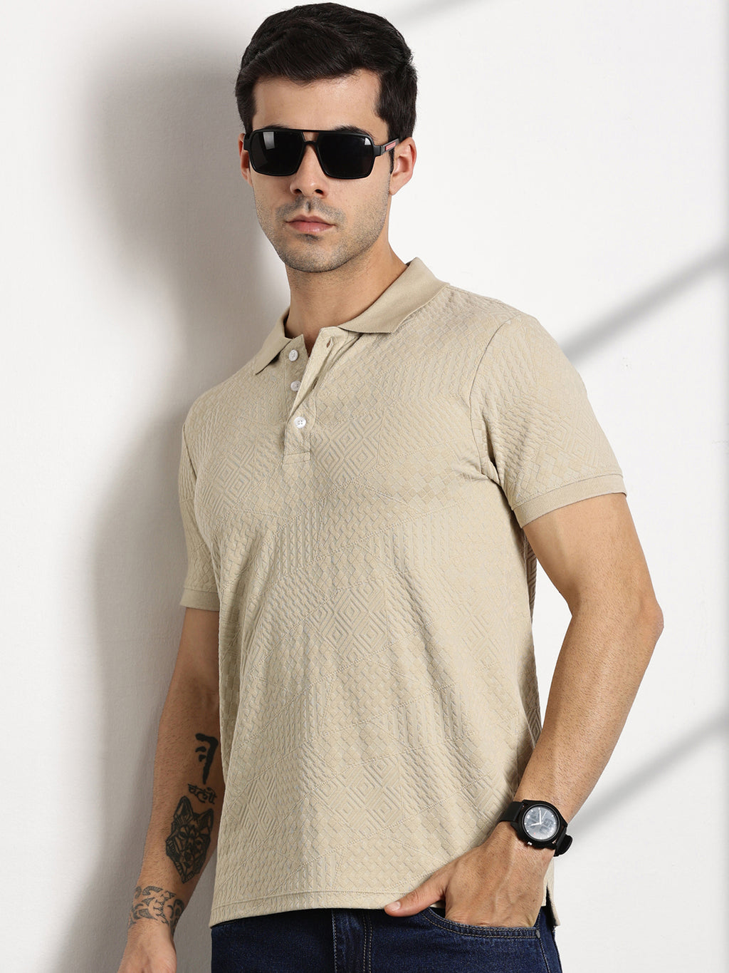 Thomas Scott Men Beige Textured Polo Collar T-shirt