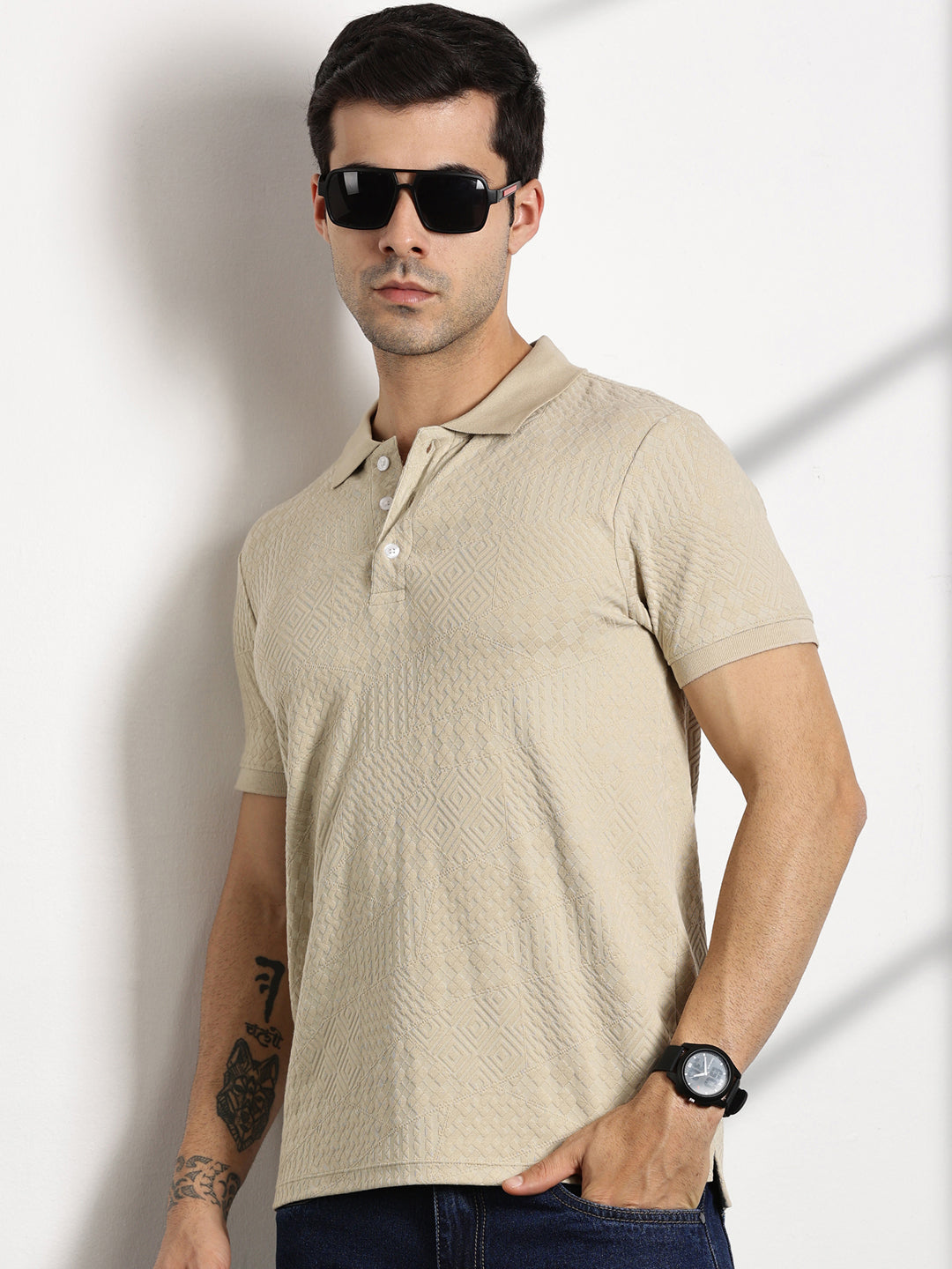 Thomas Scott Men Beige Textured Polo Collar T-shirt