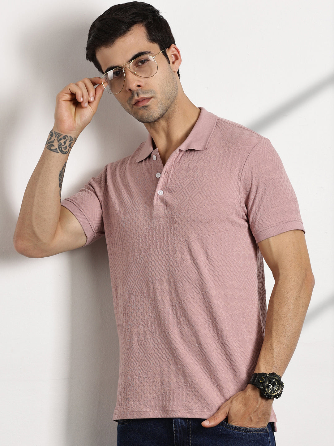 Thomas Scott Men Pink Polo Collar Pockets T-shirt