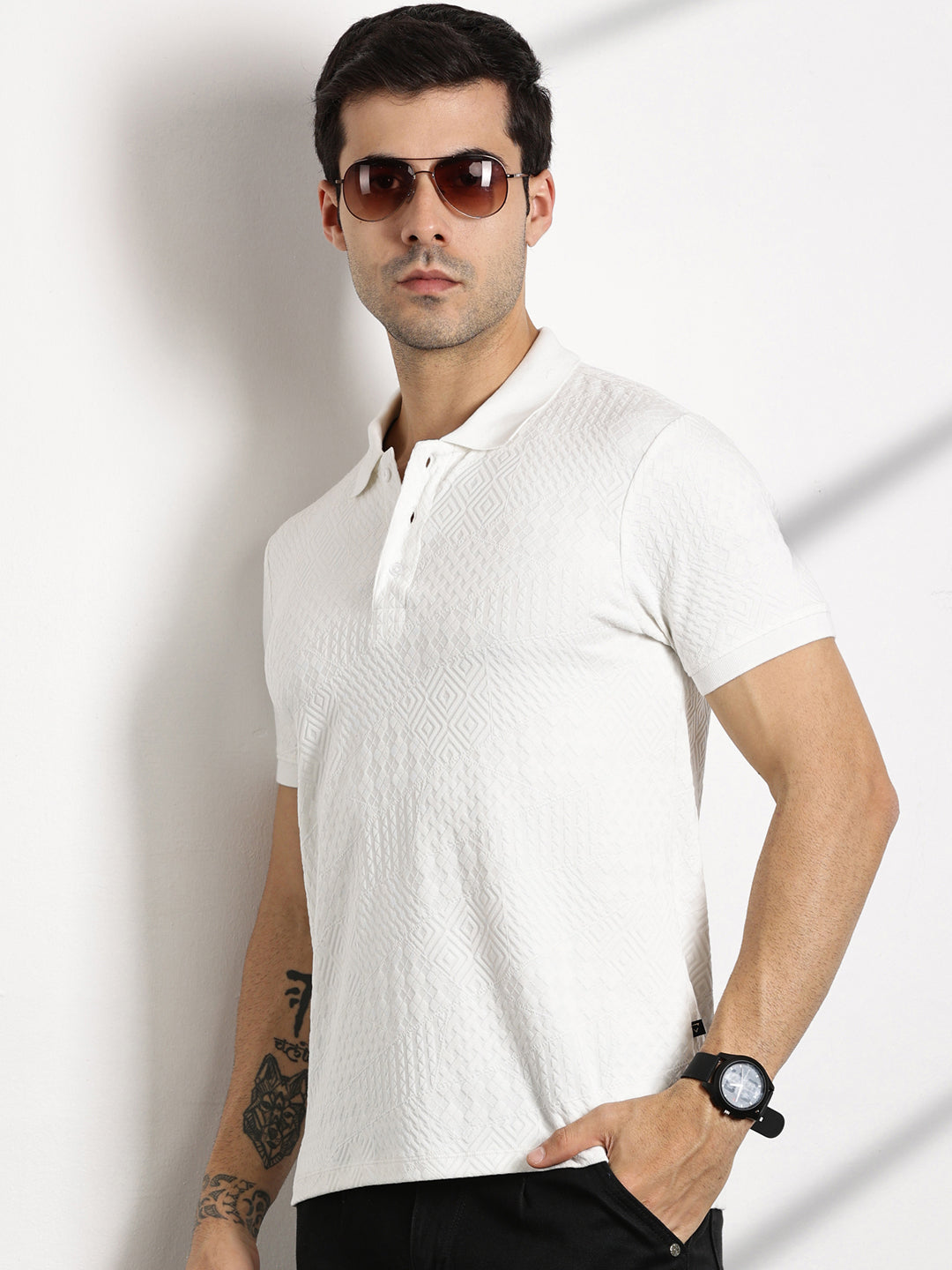 Thomas Scott Men White Polo Collar Pockets T-shirt