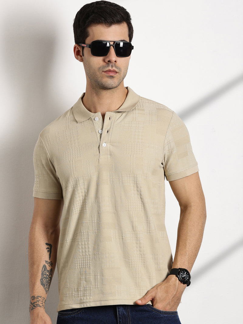 Thomas Scott Men Beige Textured Polo Collar Regular Fit T-shirt