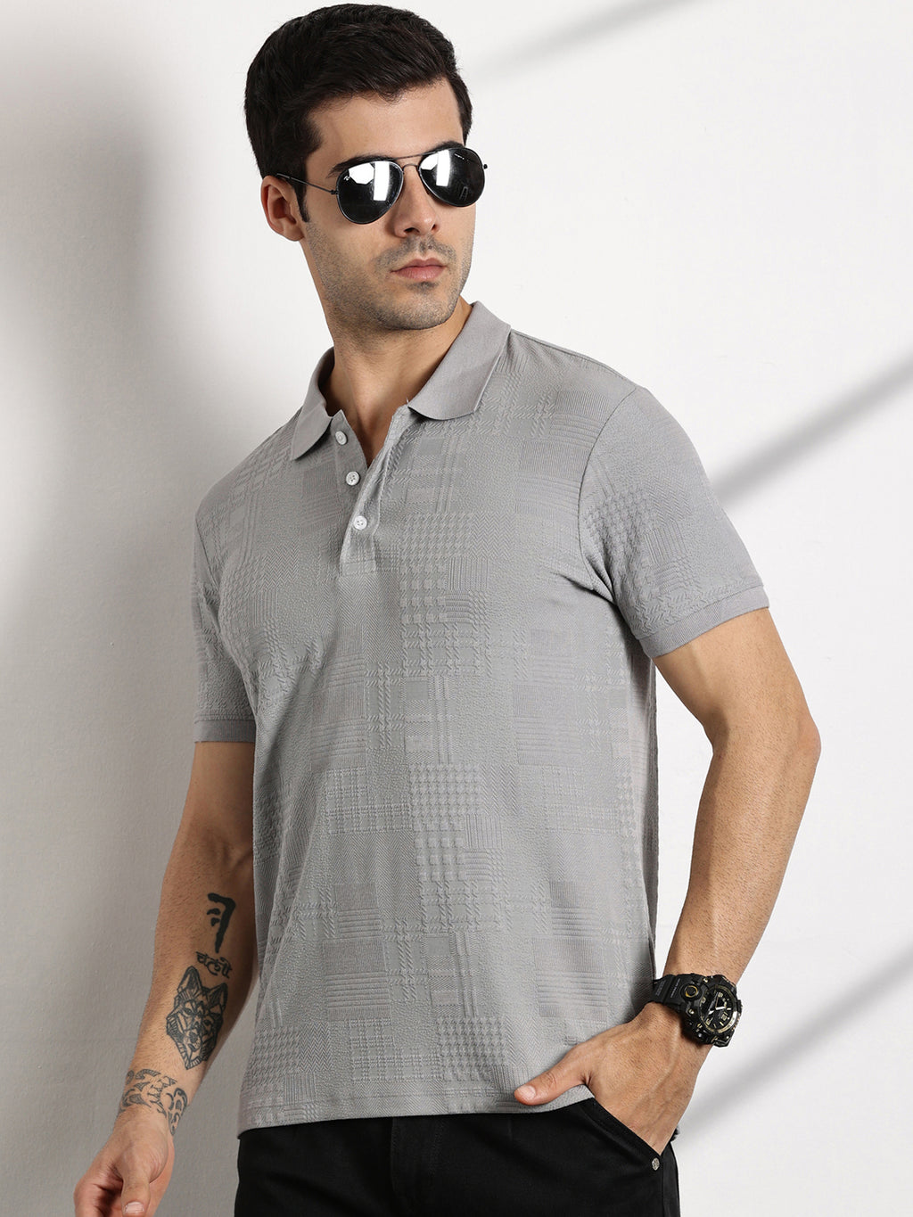 Thomas Scott Men Grey Textured Polo Collar Regular Fit T-shirt