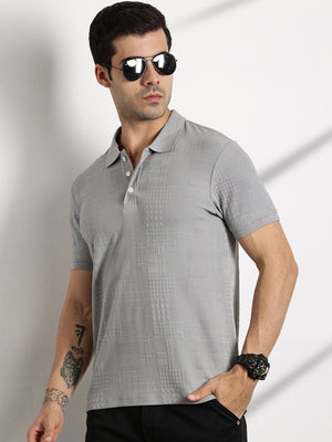 Thomas Scott Men Grey Textured Polo Collar Regular Fit T-shirt