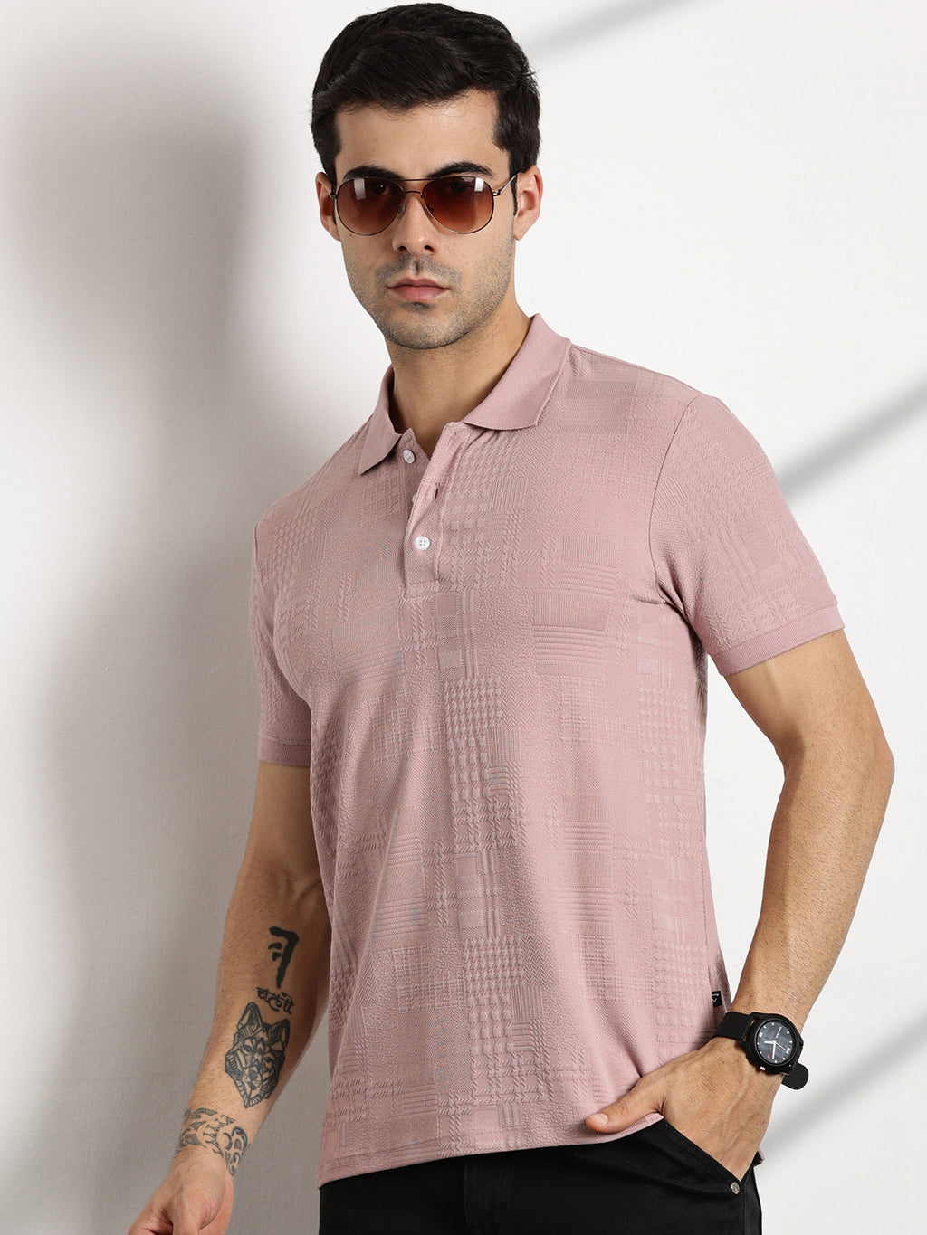 Thomas Scott Men Pink Textured Polo Collar Regular Fit T-shirt