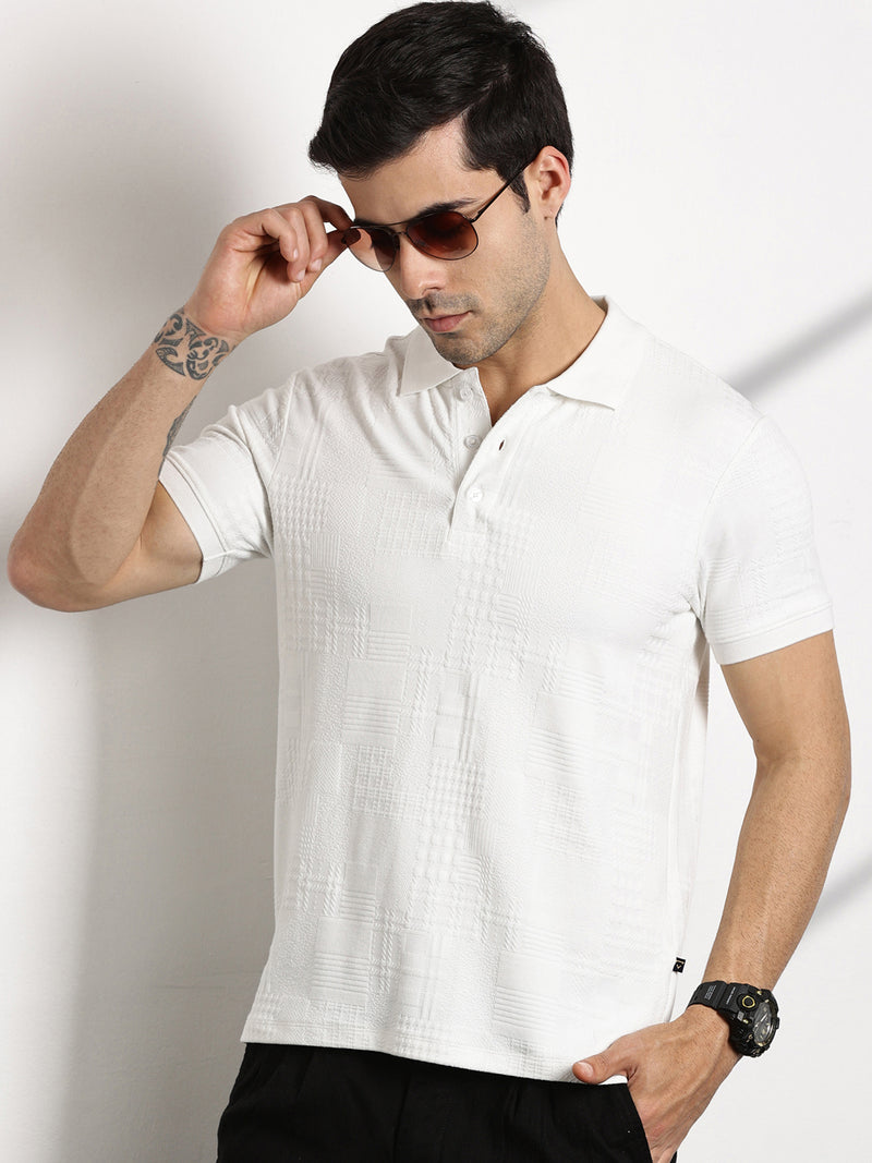 Thomas Scott Men White Textured Polo Collar Regular Fit T-shirt