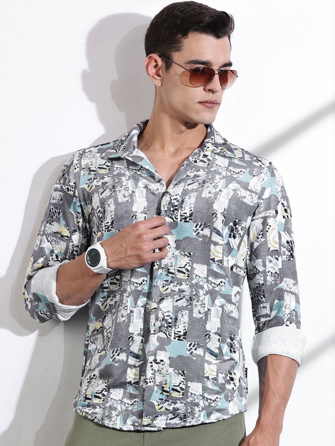 Thomas Scott Men Grey Slim Fit Long Sleeves Abstract Printed Casual Shirt