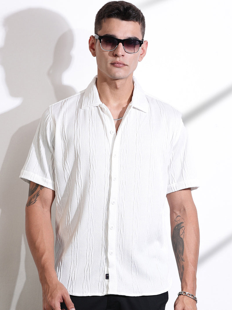 Thomas Scott Men White Oversized Textured Knitted Casual Shirt