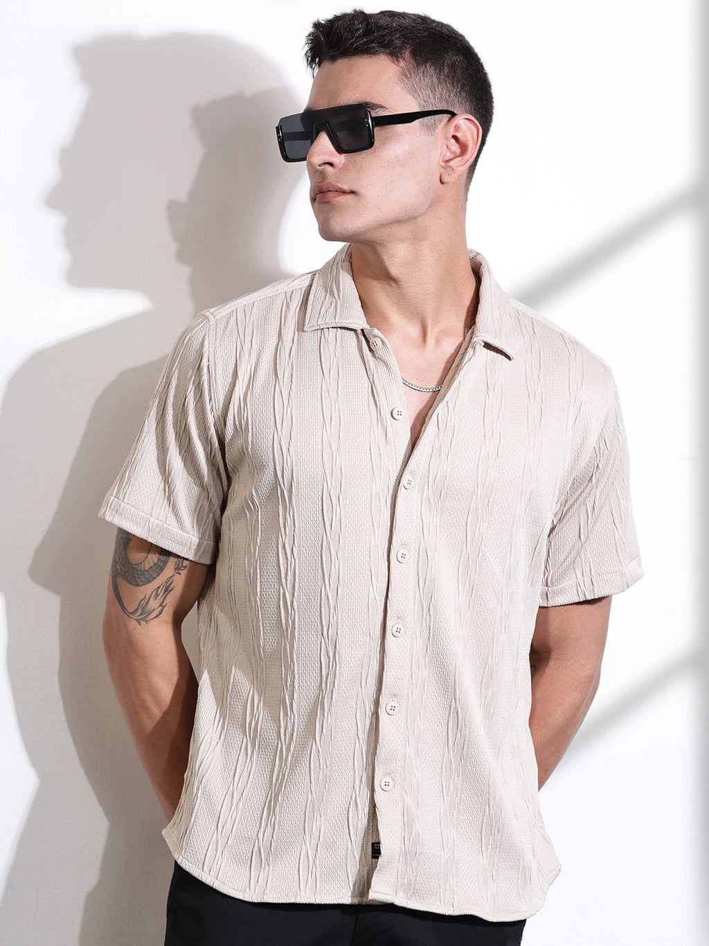 Thomas Scott Men Beige Oversized Textured Knitted Casual Shirt
