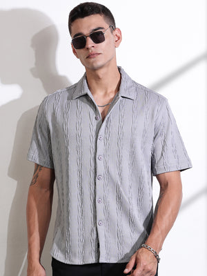 Thomas Scott Men Grey Oversized Textured Knitted Casual Shirt