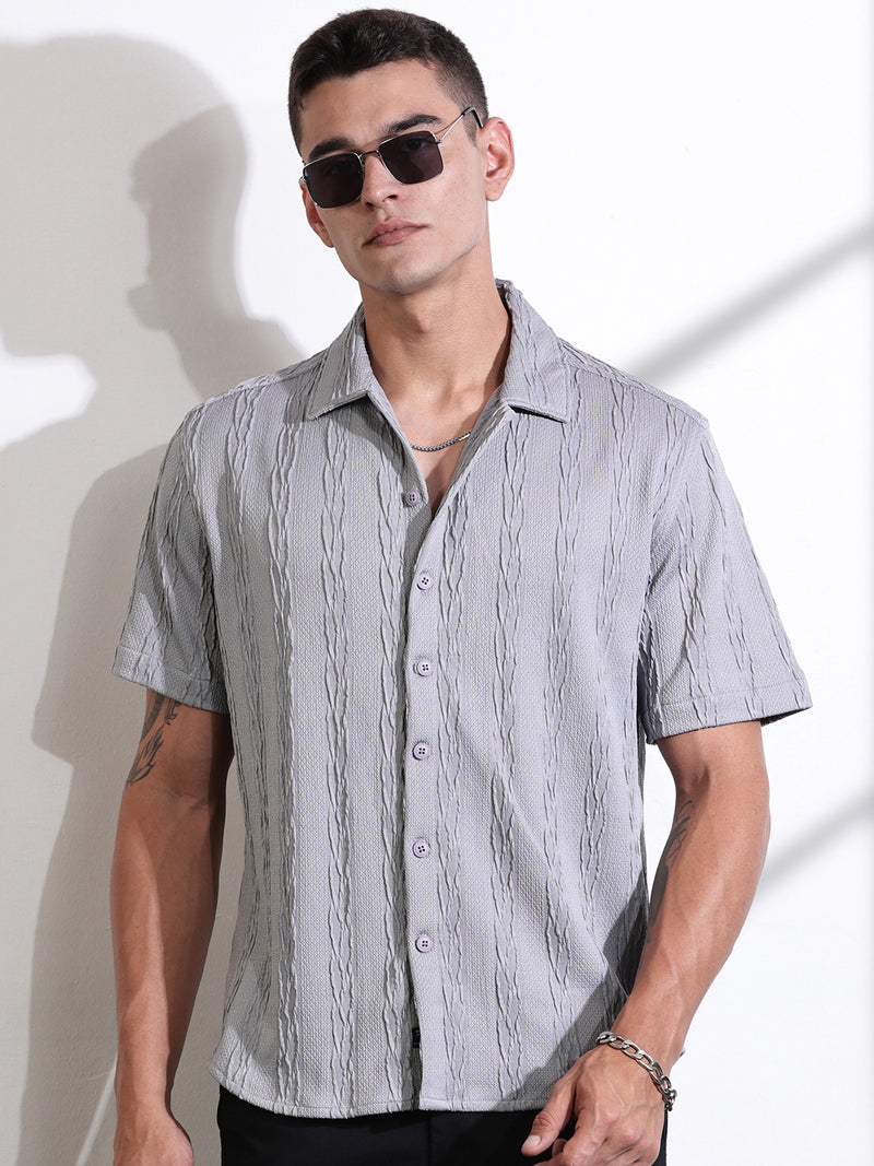 Thomas Scott Men Grey Oversized Textured Knitted Casual Shirt