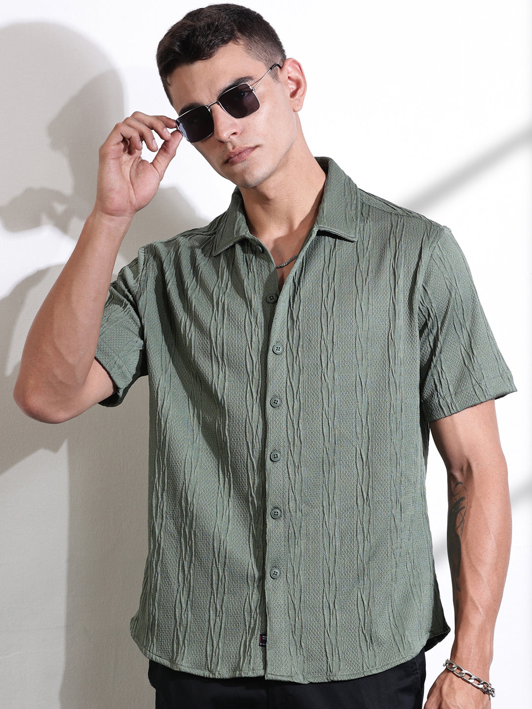 Thomas Scott Men Green Oversized Textured Knitted Casual Shirt