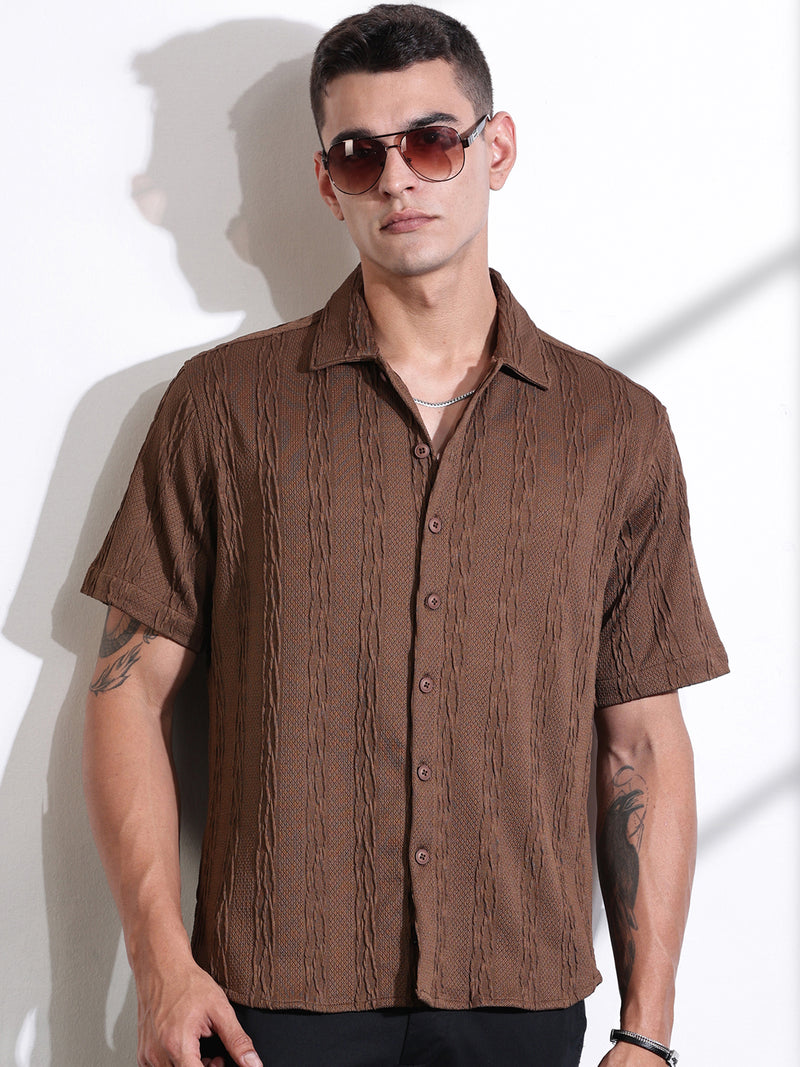 Thomas Scott Men Brown Oversized Textured Knitted Casual Shirt