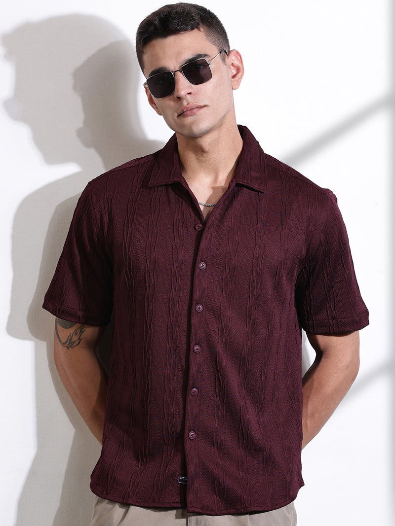 Thomas Scott Men Maroon Oversized Textured Knitted Casual Shirt