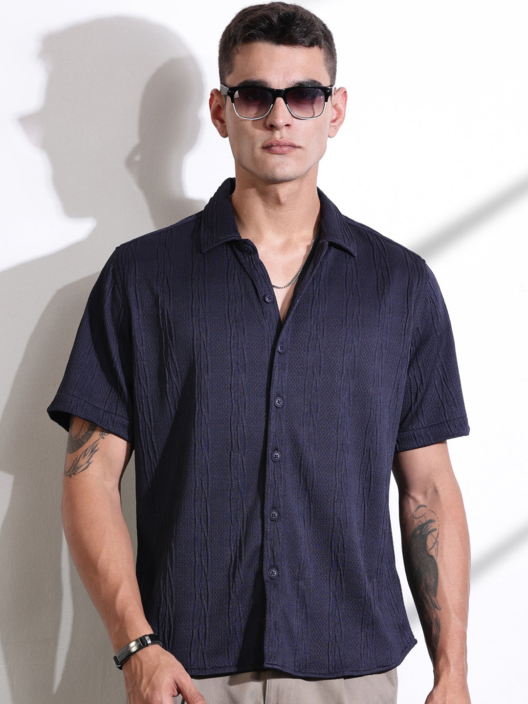 Thomas Scott Men Navy Oversized Textured Knitted Casual Shirt