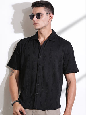 Thomas Scott Men Black Oversized Textured Knitted Casual Shirt