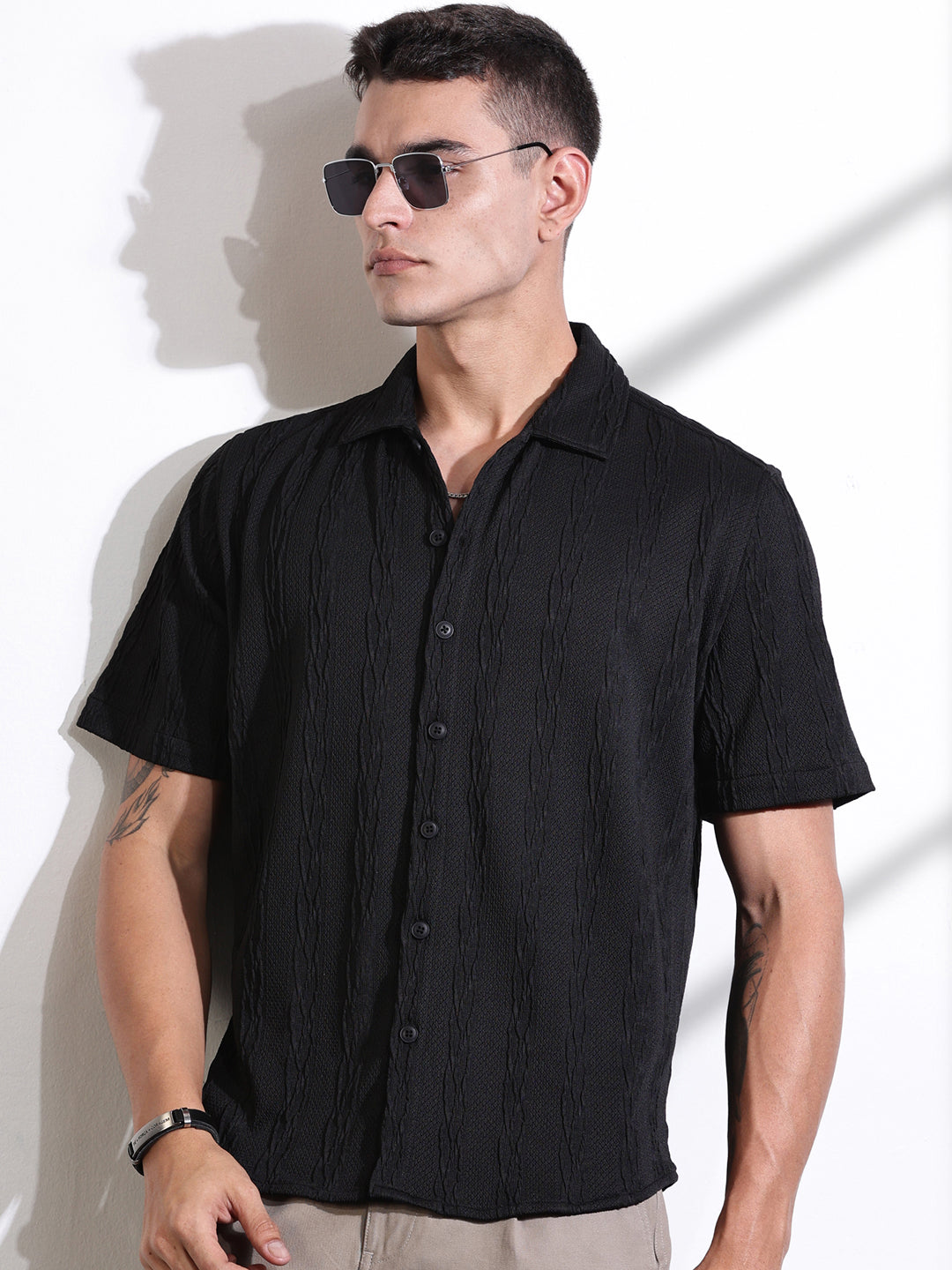 Thomas Scott Men Black Oversized Textured Knitted Casual Shirt
