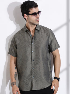Thomas Scott Men Olive Slim Fit Geometric Print Casual Shirt