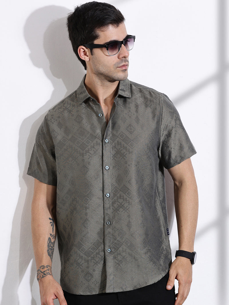 Thomas Scott Men Olive Slim Fit Geometric Print Casual Shirt