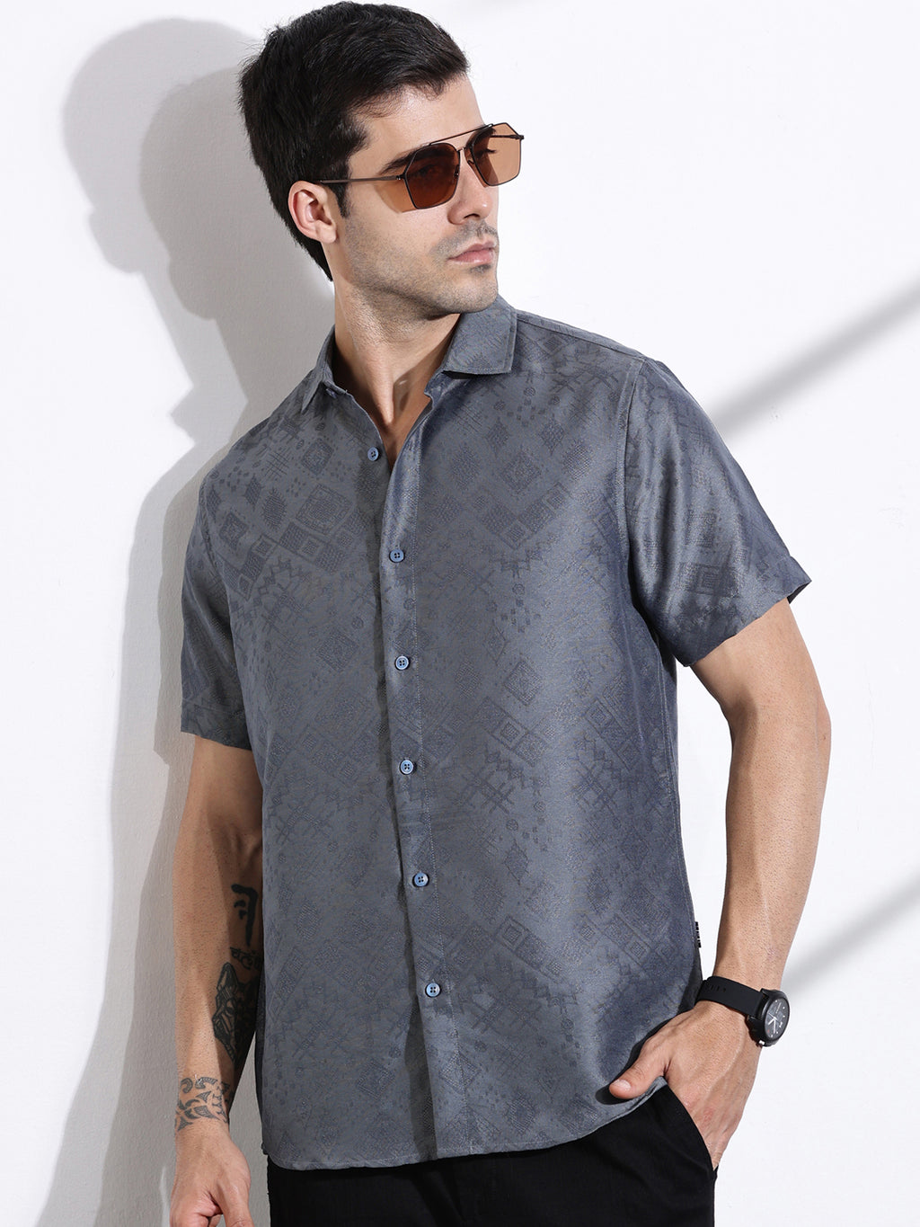 Thomas Scott Men Grey Slim Fit Geometric Print Casual Shirt