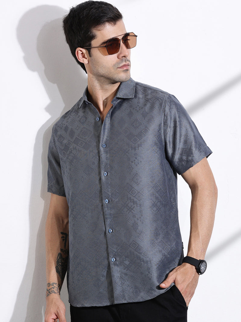 Thomas Scott Men Grey Slim Fit Geometric Print Casual Shirt