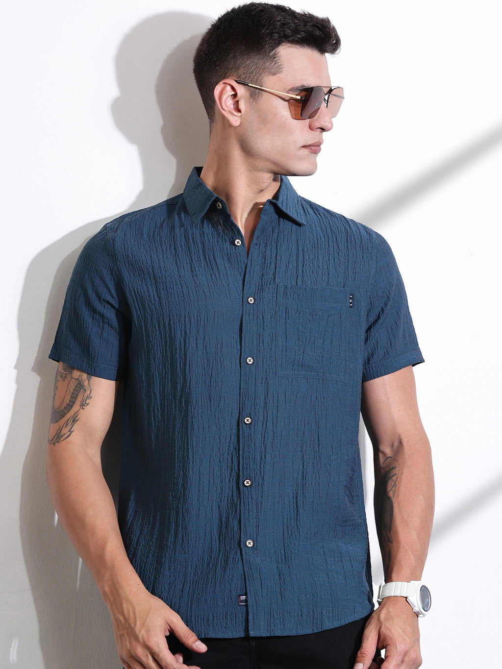 Thomas Scott Men Teal Slim Fit Textured Seersucker Casual Shirt