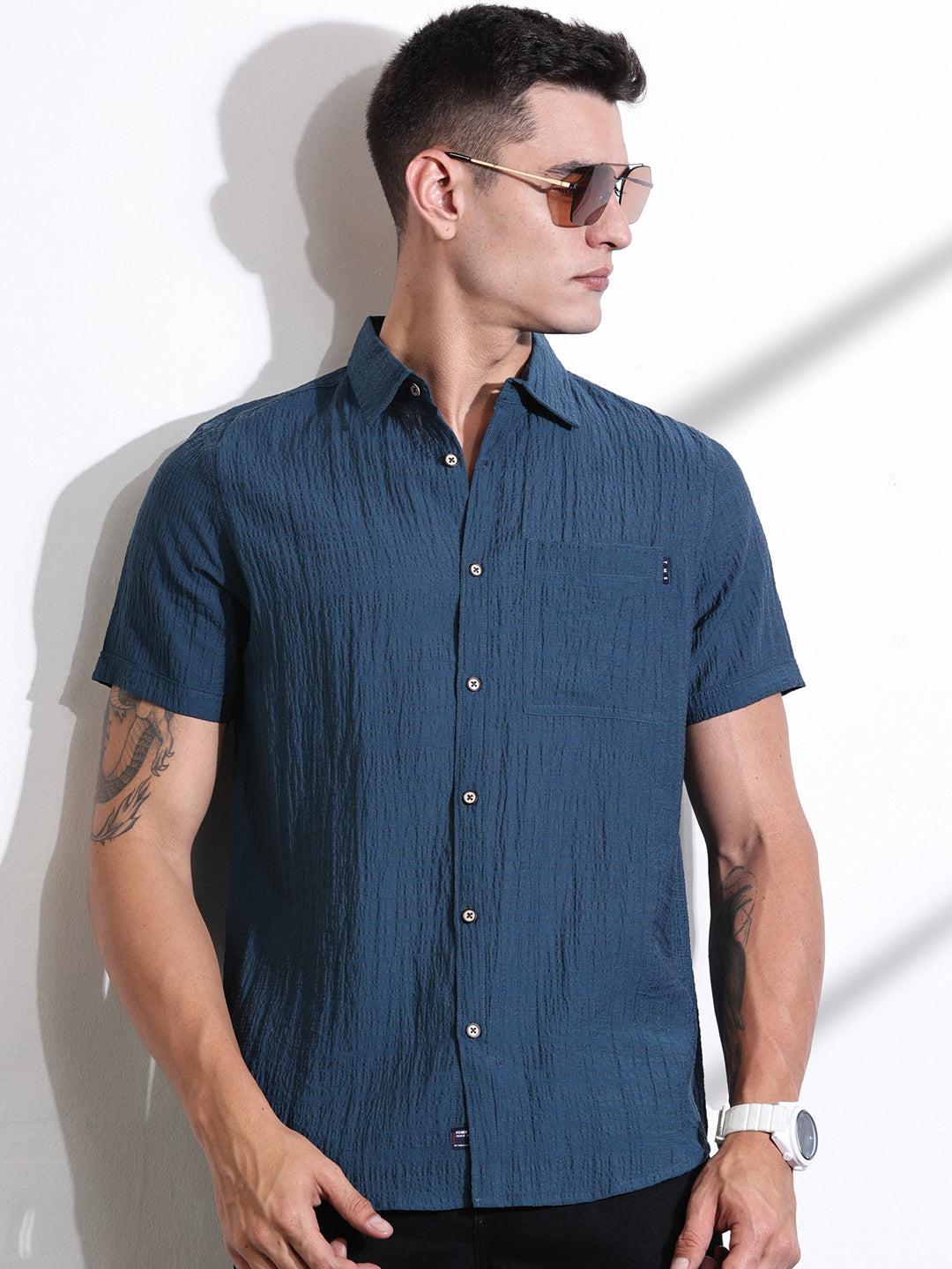 Thomas Scott Men Teal Slim Fit Textured Seersucker Casual Shirt