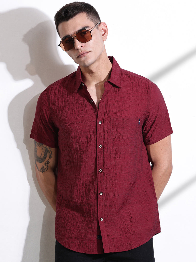 Thomas Scott Men Maroon Slim Fit Textured Seersucker Casual Shirt