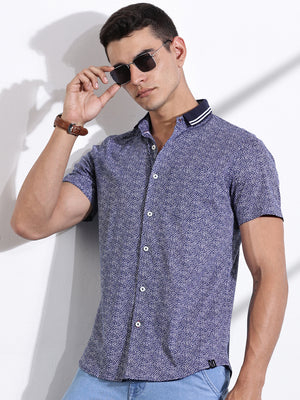 Thomas Scott Men Navy Slim Fit Abstract Printed Knit Shirt