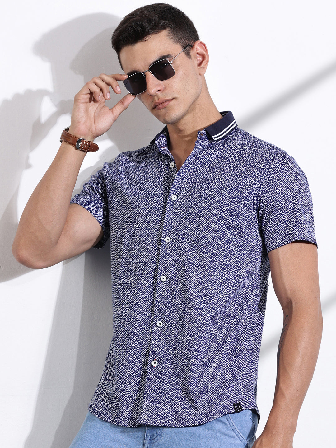 Thomas Scott Men Navy Slim Fit Abstract Printed Knit Shirt