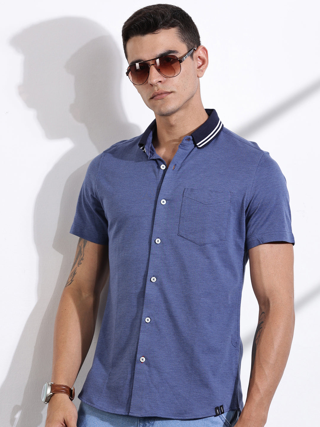 Thomas Scott Men DarkBlue Slim Fit Solid Knit Shirt