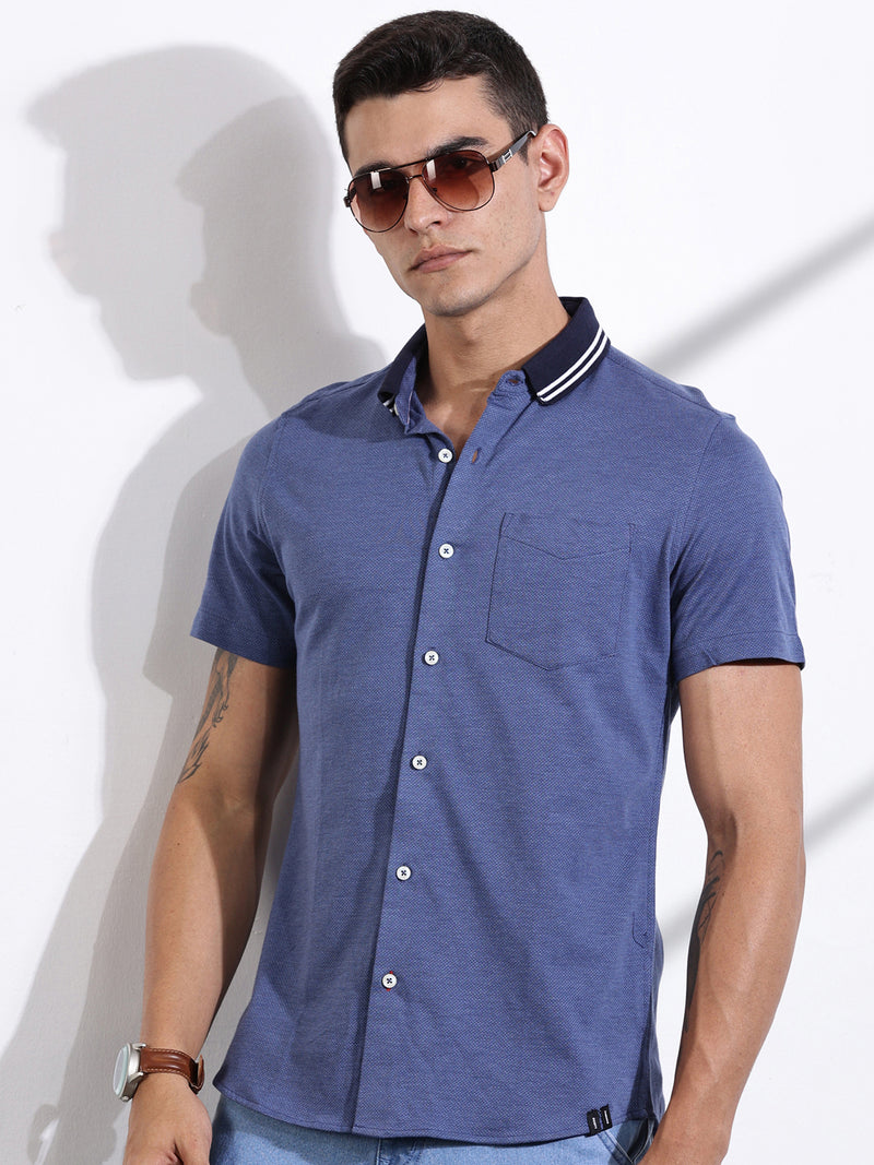 Thomas Scott Men DarkBlue Slim Fit Solid Knit Shirt