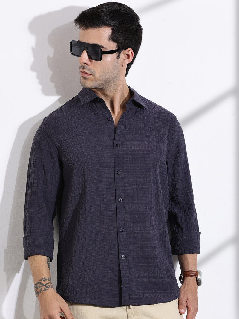 Thomas Scott Men DarkGrey Slim Fit Solid Seersucker Casual Shirt