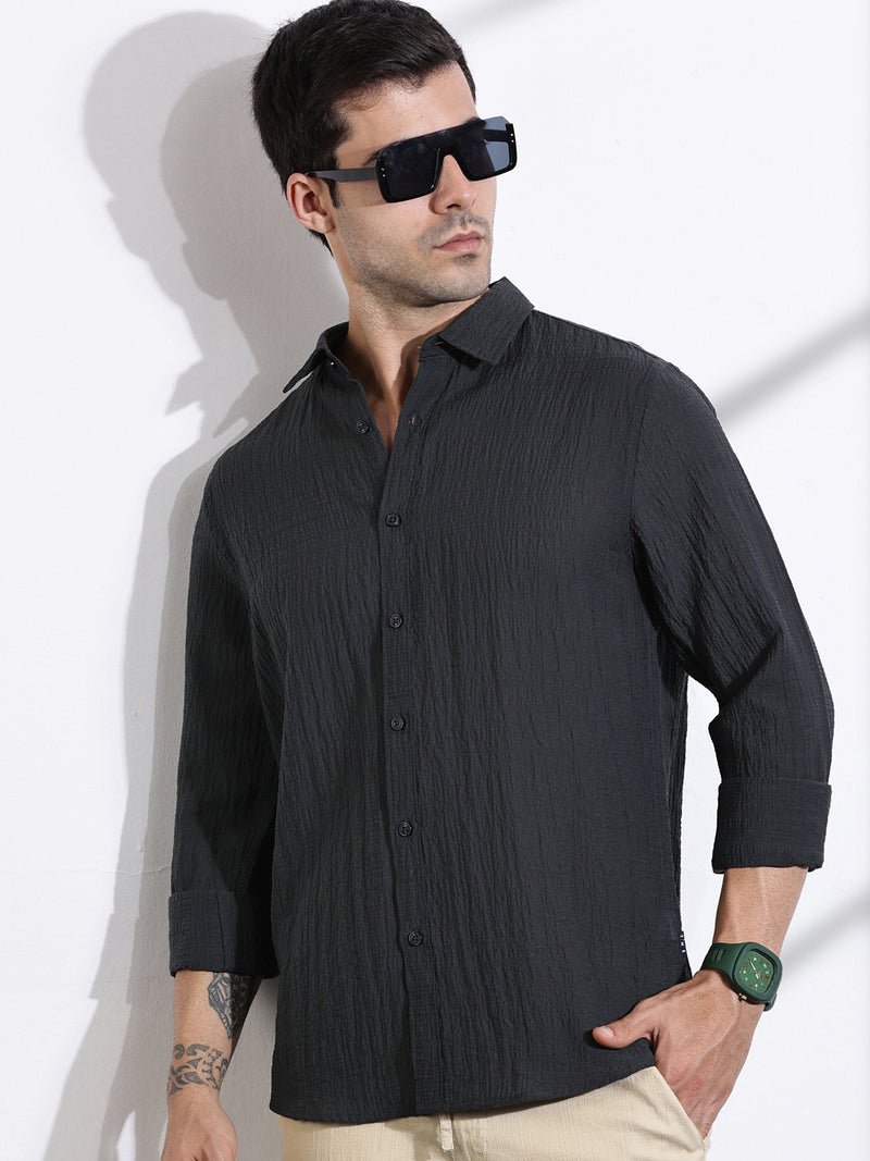 Thomas Scott Men BottleGreen Slim Fit Solid Seersucker Casual Shirt