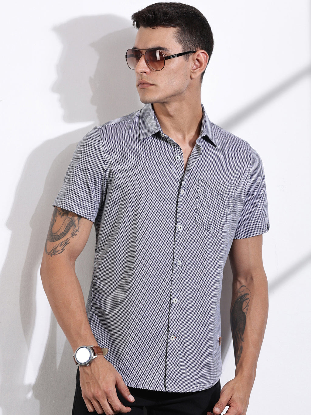 Thomas Scott Men Navy Slim Fit Micro Ditsy Printed Knitted Shirt