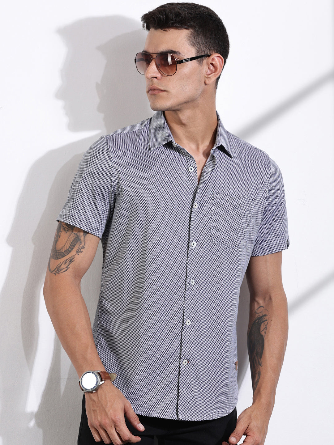 Thomas Scott Men Navy Slim Fit Micro Ditsy Printed Knitted Shirt