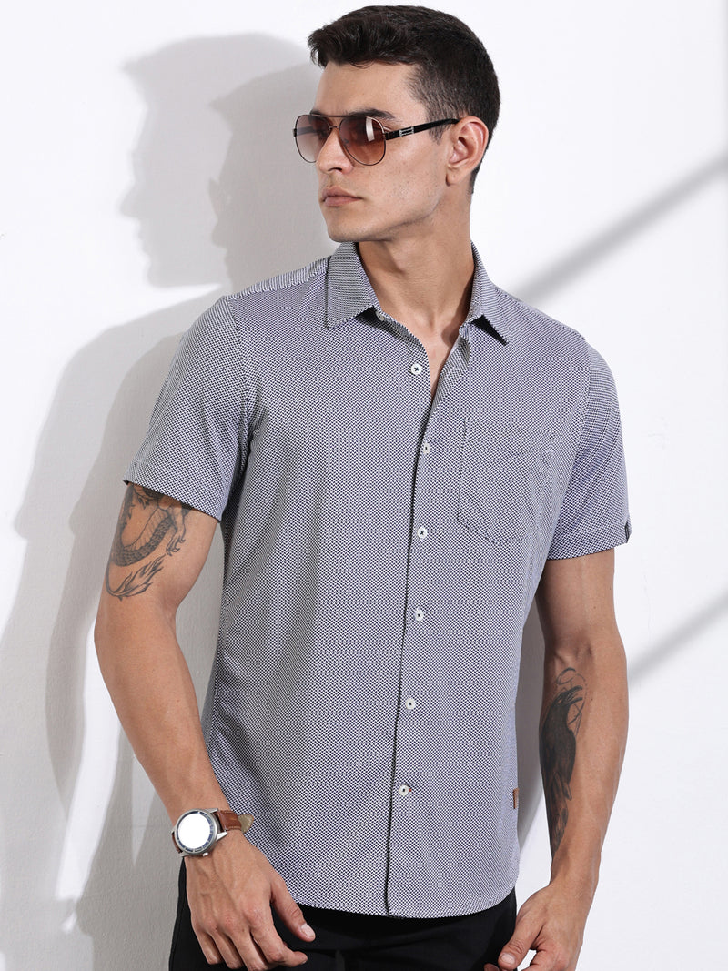 Thomas Scott Men Navy Slim Fit Micro Ditsy Printed Knitted Shirt