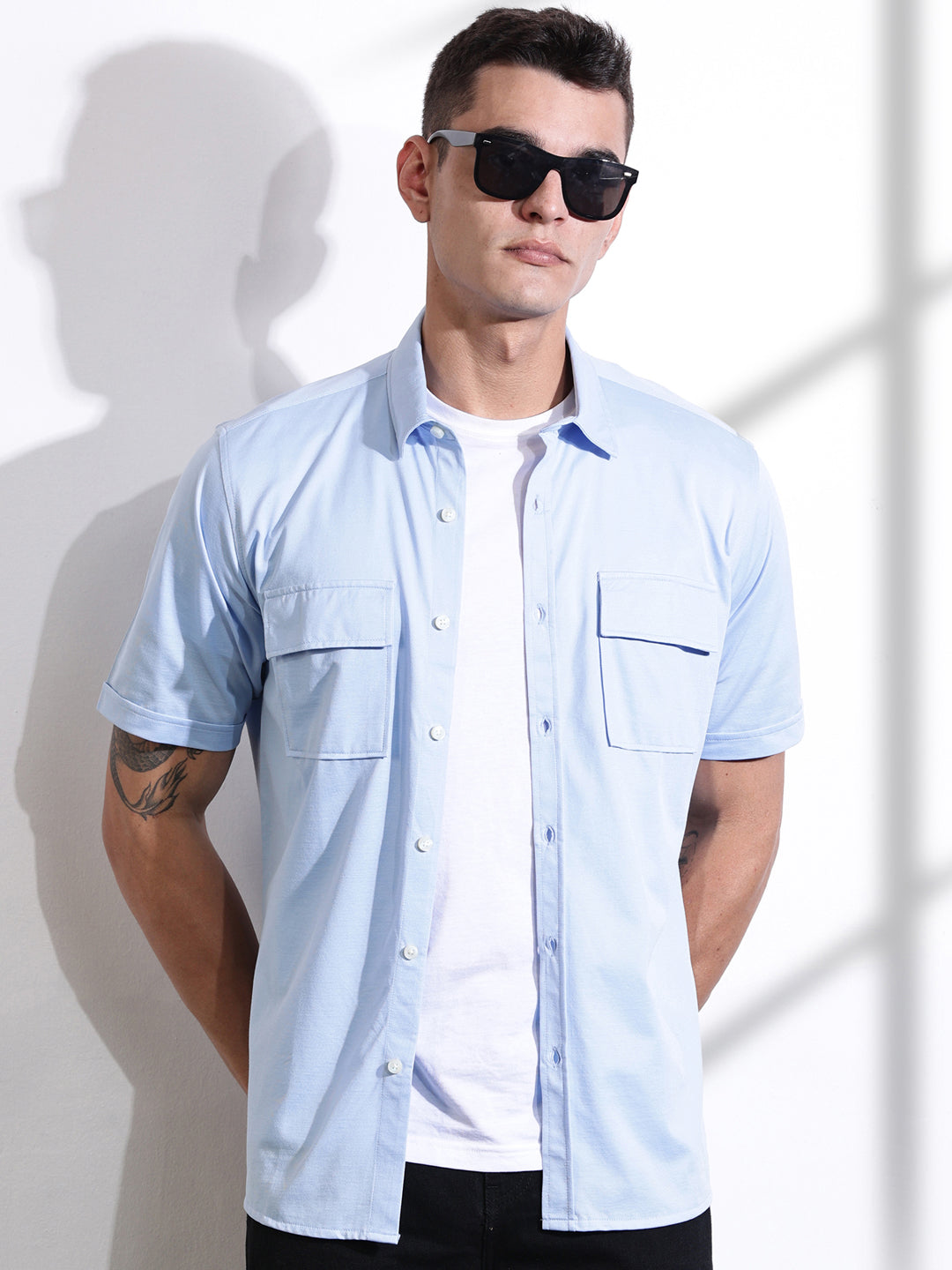 Thomas Scott Men Blue Slim Fit Short Sleeve Solid Cotton Knitted Shirt