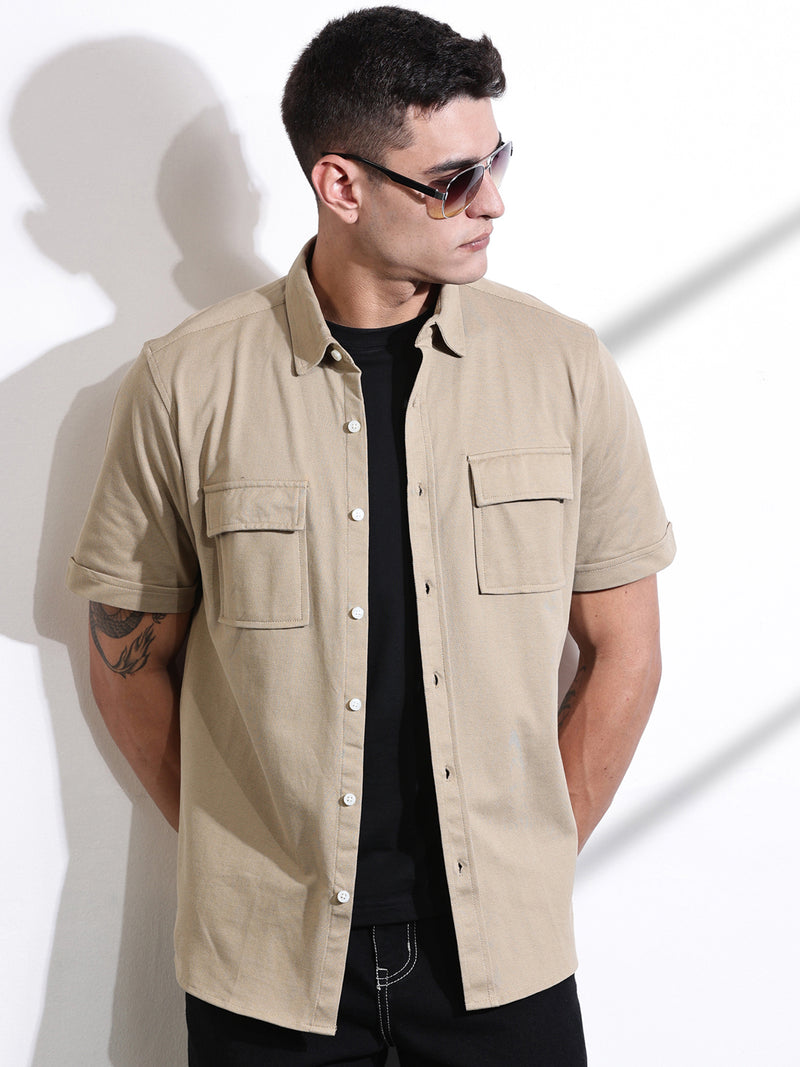 Thomas Scott Men Beige Slim Fit Short Sleeve Solid Cotton Knitted Shirt
