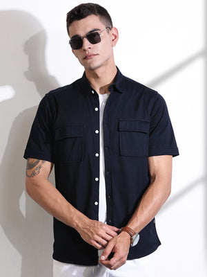 Thomas Scott Men Black Slim Fit Short Sleeve Solid Cotton Knitted Shirt